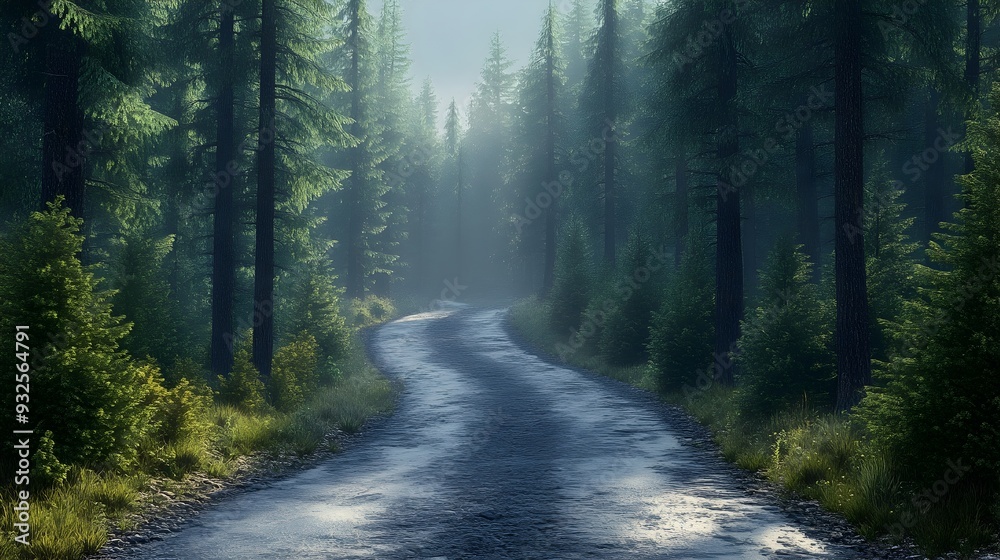 Obraz premium Dramatic 3D Rendered Road Through Towering Pine Forest Landscape