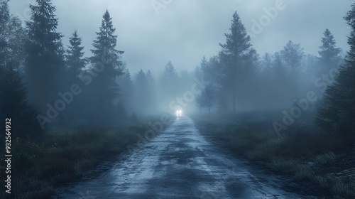 Misty Woodland Road at Night with Piercing Headlights Ethereal and Mysterious Landscape photo