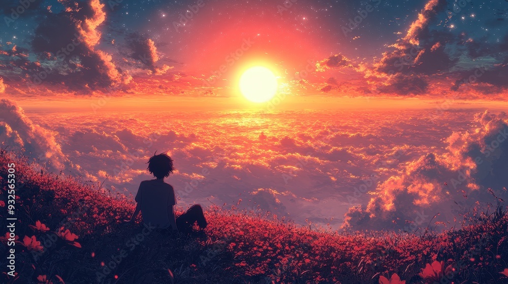 Man Silhouetted Against a Dramatic Sunset Over a Sea of Clouds Man Silhouetted Against a Dramatic Sunset Over a Sea of Clouds