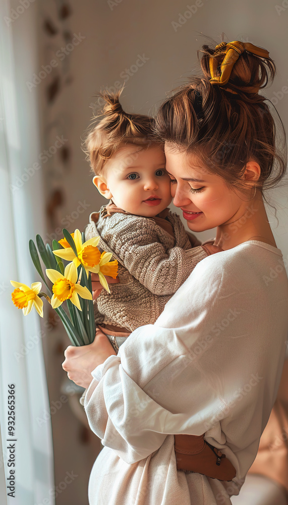 Naklejka premium A Mother Holding Her Baby and Yellow Daffodils