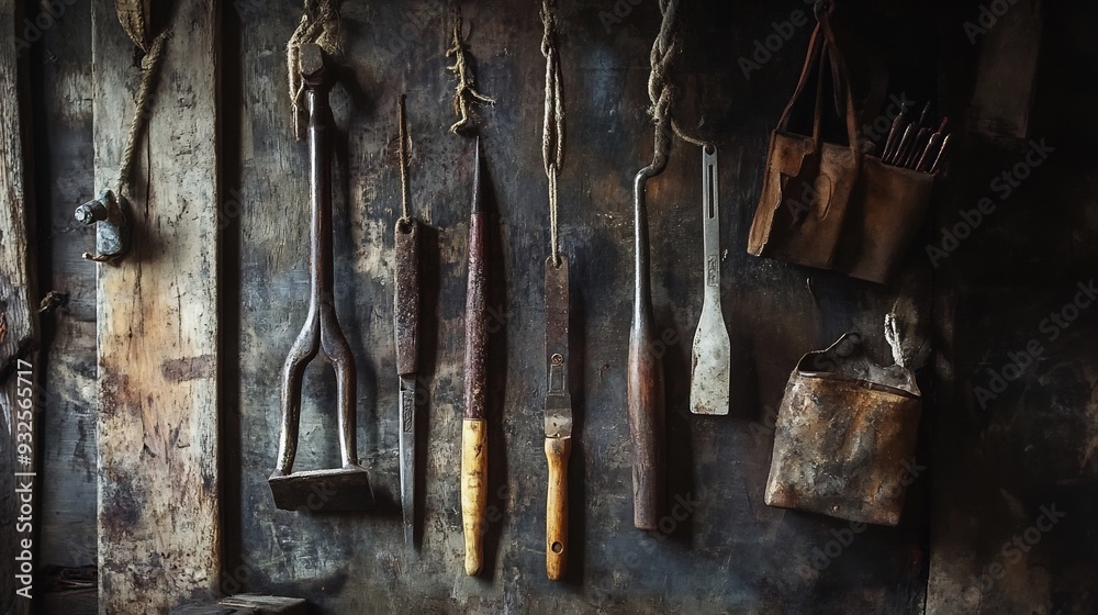 Rustic Tools Hanging on a Wooden Wall Rustic Tools Hanging on a Wooden Wall