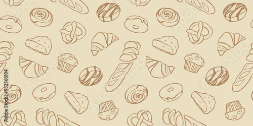 Pastry pattern, seamless background with hand drawn bakery products.