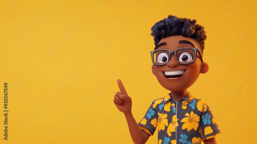 3D Cartoon of a joyful young black character with glasses having a bright idea smiling and pointing finger up dressed in a fun nerdy shirt 3D Cartoon of a joyful young black character with glasses having a bright idea smiling and pointing finger up dressed in a fun nerdy shirt