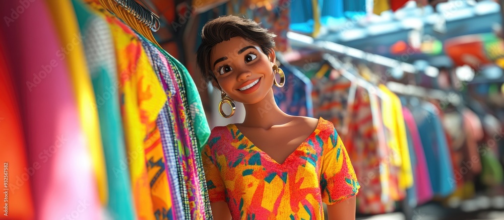 Fototapeta premium 3D Cartoon of a Joyful Young Woman Shopping for Clothes in a Colorful Marketplace