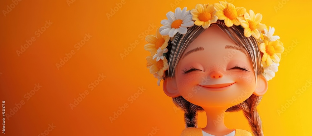 3D Cartoon of a Lovely Girl with Flower Crown on Bright Orange Background 3D Cartoon of a Lovely Girl with Flower Crown on Bright Orange Background