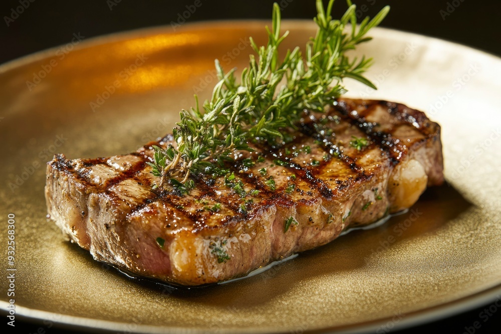 Grilled Steak with Rosemary Garnish on a Golden Plate Grilled Steak with Rosemary Garnish on a Golden Plate