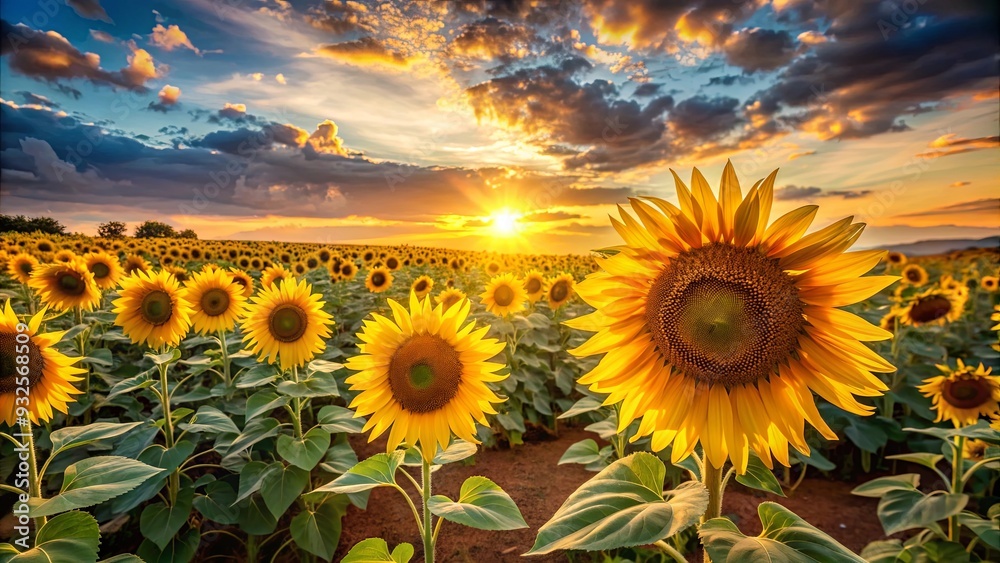 Fototapeta premium A beautiful sunlit sunflower field at sunset with golden petals in full bloom