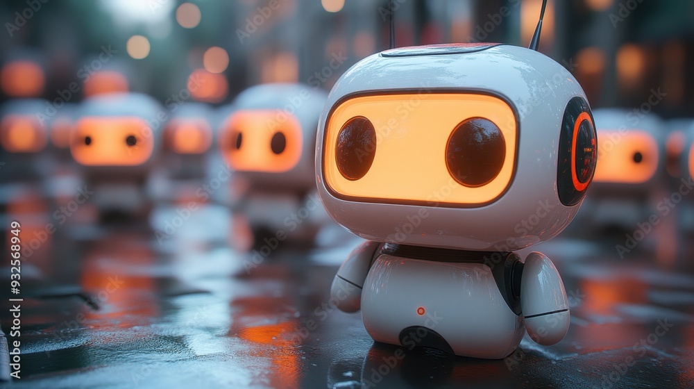 Cute White Robot with Orange Lights in a Futuristic City Setting