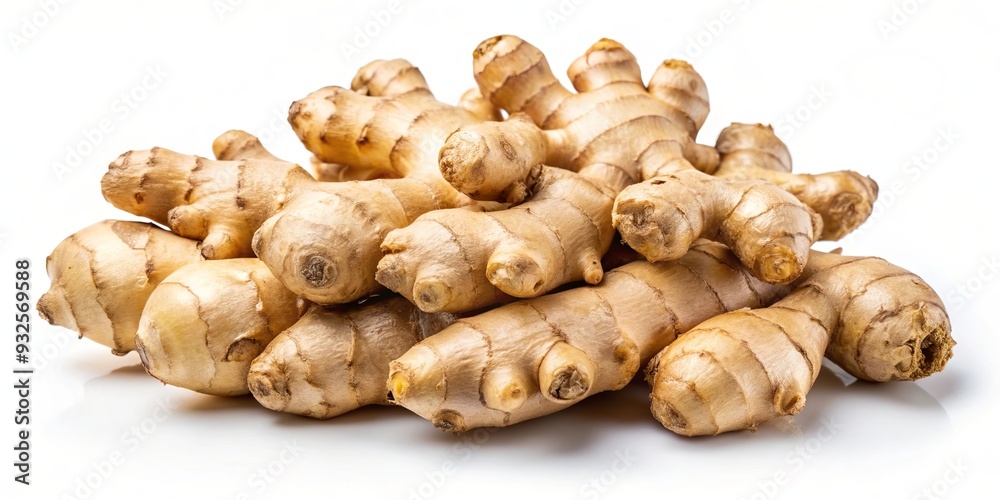 Fresh ginger root isolated on white background, perfect ingredient for health and organic cooking recipes Fresh ginger root isolated on white background, perfect ingredient for health and organic cooking recipes