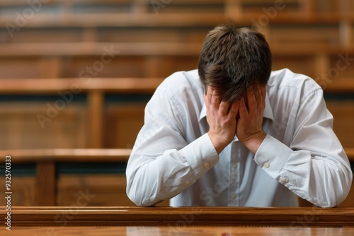 Distressed man sitting alone in a courtroom with his head in his hands, conveying emotions of stress, anxiety, or despair. photo