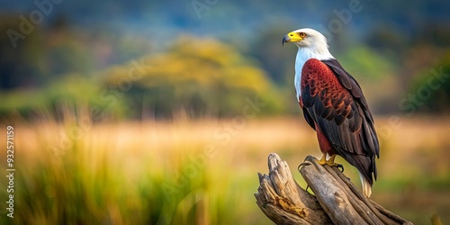 African fish eagle perched regally on a tree stump in the African wilderness