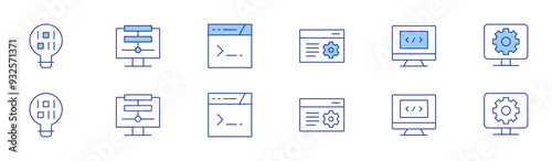 Programming icon set in two styles, Duotone and Thin Line style. Editable stroke. settings, innovation, programming, data, code, cogwheel