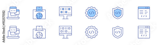 Programming icon set in two styles, Duotone and Thin Line style. Editable stroke. software development, firewall, web development, laptop, vote, algorithm