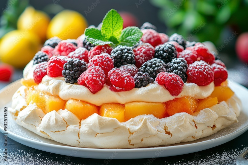 Meringue Cake with Whipped Cream, Raspberries, Blackberries, and Peach Slices Meringue Cake with Whipped Cream, Raspberries, Blackberries, and Peach Slices