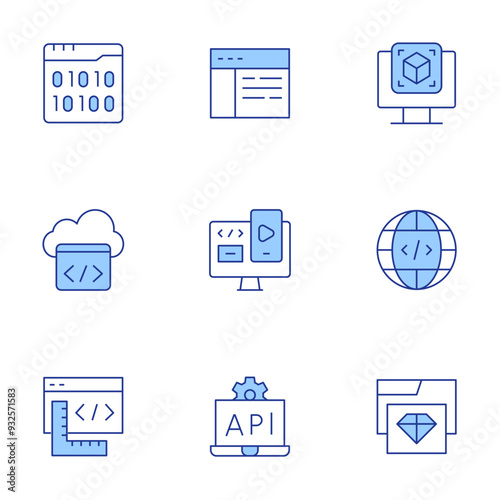 Programming icons set. Line Duotone style, editable stroke. d modeling, programming, api, coding, cloud, clean code, binary code, responsive, webpage