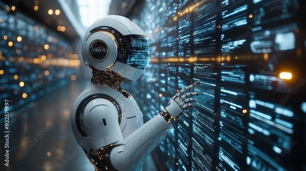 Futuristic Robot Interacting with Digital Data Wall Futuristic Robot Interacting with Digital Data Wall