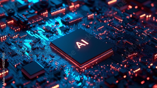 Illuminated Isometric AI Chip Representing Artificial Intelligence Technology, High-Tech 3D Render in Smooth and Cute Clay Style, Ideal for Posters and Banners