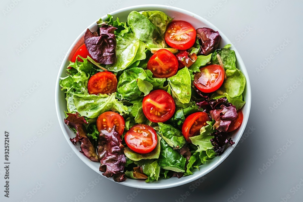 Fresh Green Salad with Cherry Tomatoes in White Bowl