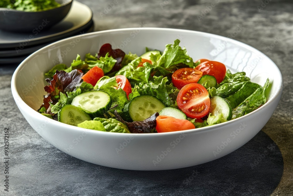 Fresh Green Salad with Cherry Tomatoes and Cucumber in a White Bowl Fresh Green Salad with Cherry Tomatoes and Cucumber in a White Bowl