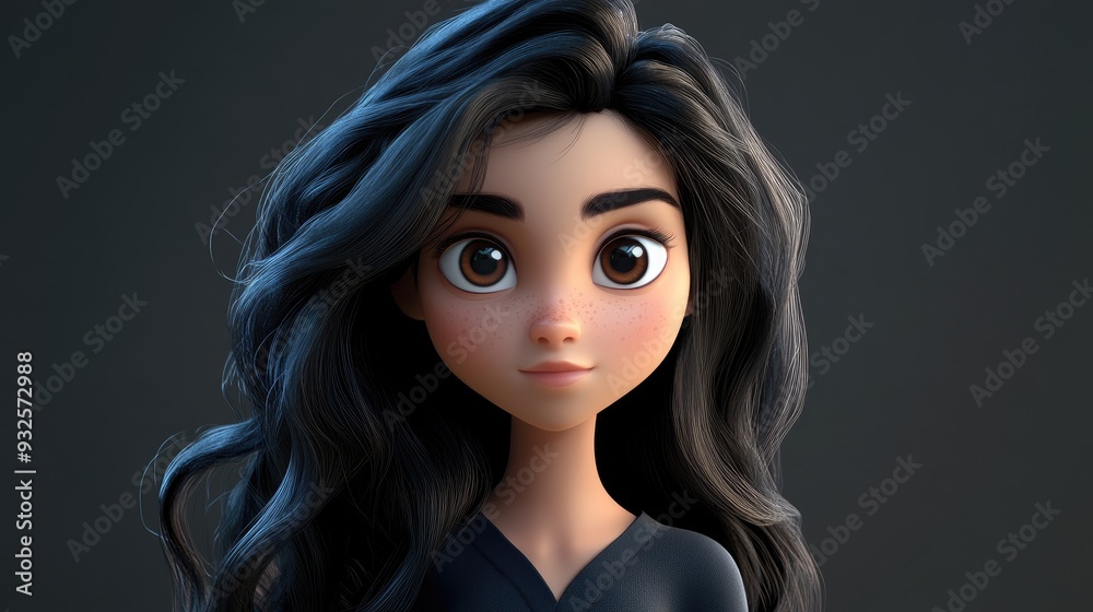 Fototapeta premium 3D cartoon of a young stunning character with flowing dark locks