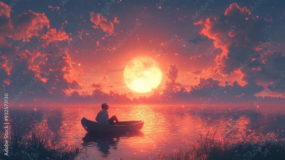 Silhouette of Person in Rowboat at Sunset with Full Moon and Stars Silhouette of Person in Rowboat at Sunset with Full Moon and Stars