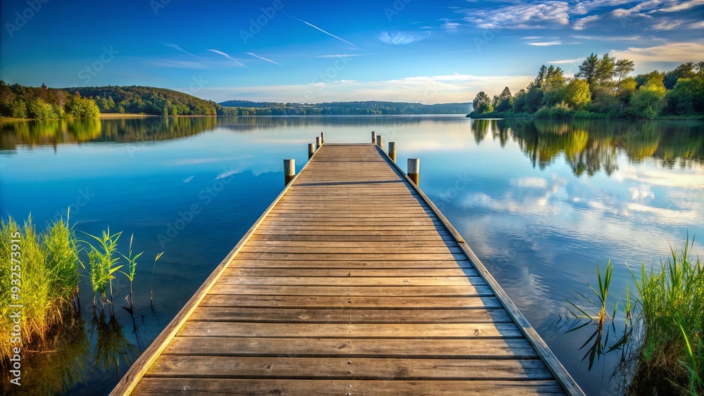 Fototapeta premium Wooden pier stretching into calm lake waters, pier, wooden, lake, water, tranquil, serene, peaceful, relaxation, nature