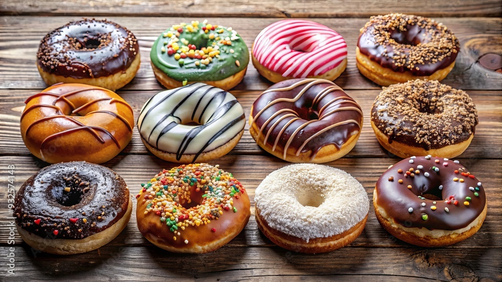 Nine delectable donuts featuring a variety of delicious toppings including sprinkles, chocolate drizzle, and powdered sugar Nine delectable donuts featuring a variety of delicious toppings including sprinkles, chocolate drizzle, and powdered sugar