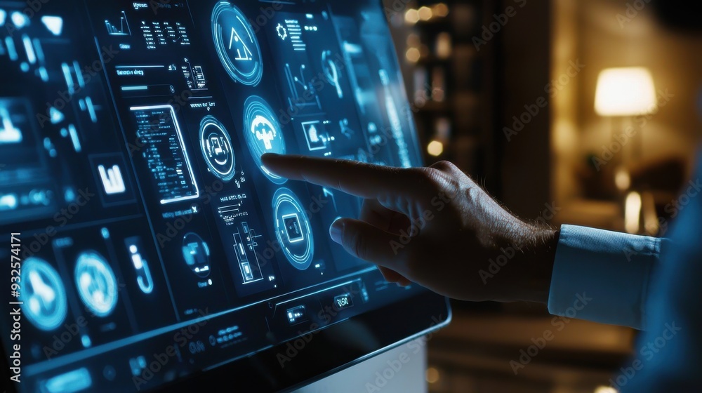 A sleek smart home interface displayed on a large touchscreen, with users adjusting settings for lighting, temperature, and security, all integrated into a seamless digital ecosystem A sleek smart home interface displayed on a large touchscreen, with users adjusting settings for lighting, temperature, and security, all integrated into a seamless digital ecosystem
