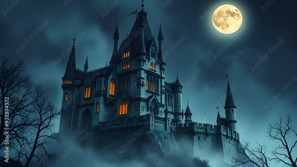 Gothic castle, moonlit night, eerie mist Gothic castle, moonlit night, eerie mist
