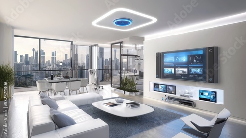 A futuristic living room equipped with smart home technology, including voice-activated controls, automated lighting, and a central hub that seamlessly integrates all devices photo