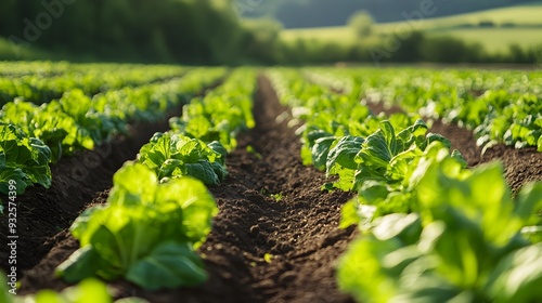 Rows of vibrant green organic vegetables growing in neat well tended beds on a sunny day  The image depicts a lush thriving garden with a bountiful harvest of fresh produce ready for picking photo