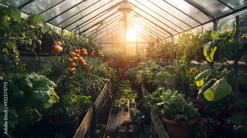 Abundant Organic Greenhouse Brimming with Fresh Vegetables A bright and airy greenhouse filled with an array of lush thriving organic vegetables bathed in natural sunlight