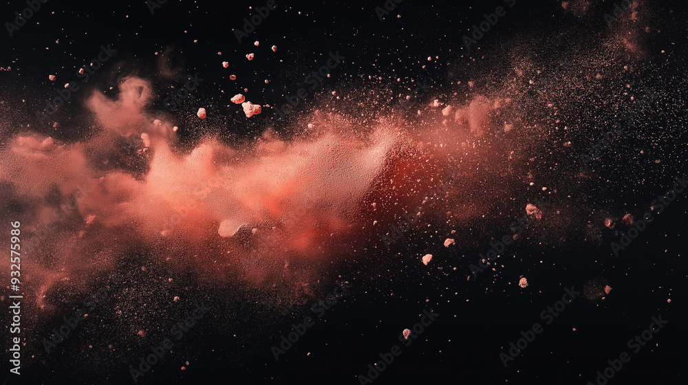 Naklejka premium red and brown color powder dispersion, diagonally in black background, hyperrealistic,