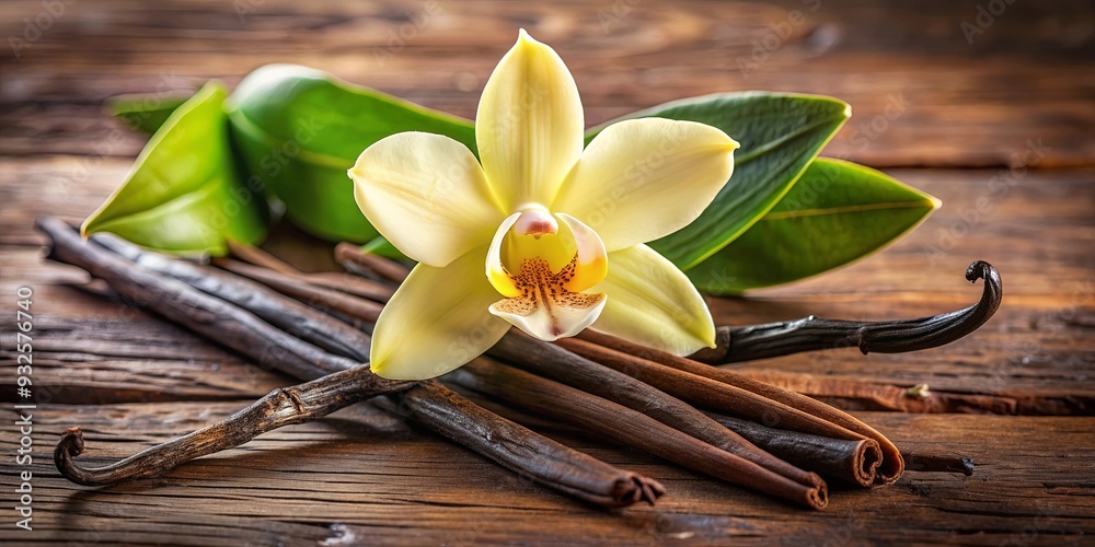 Vanilla orchid and pods still life arrangement with vibrant flowers and aromatic vanilla pods Vanilla orchid and pods still life arrangement with vibrant flowers and aromatic vanilla pods