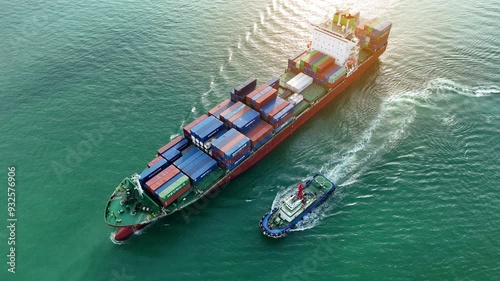 isometric view cargo container ship at sunset feight import export container box concept transportation logistics and service to customer and supply change. Vessel ship full load container shipping.