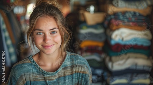 Wallpaper Mural young woman sorting wardrobe indoors at home charity donation concept Torontodigital.ca