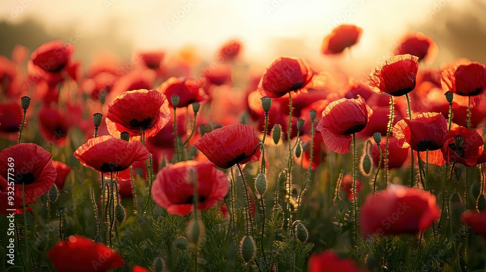 Fototapeta premium Poppy Field Sunset Landscape with Red Flowers and Golden Light