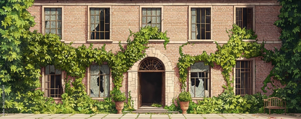 Fototapeta premium A charming old building overgrown with green vines, featuring cracked windows and rustic appeal in a peaceful setting.