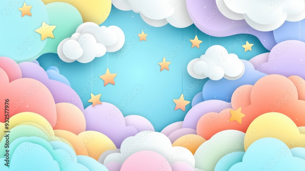 Cute Paper Cutout Clouds and Stars Background Cute Paper Cutout Clouds and Stars Background