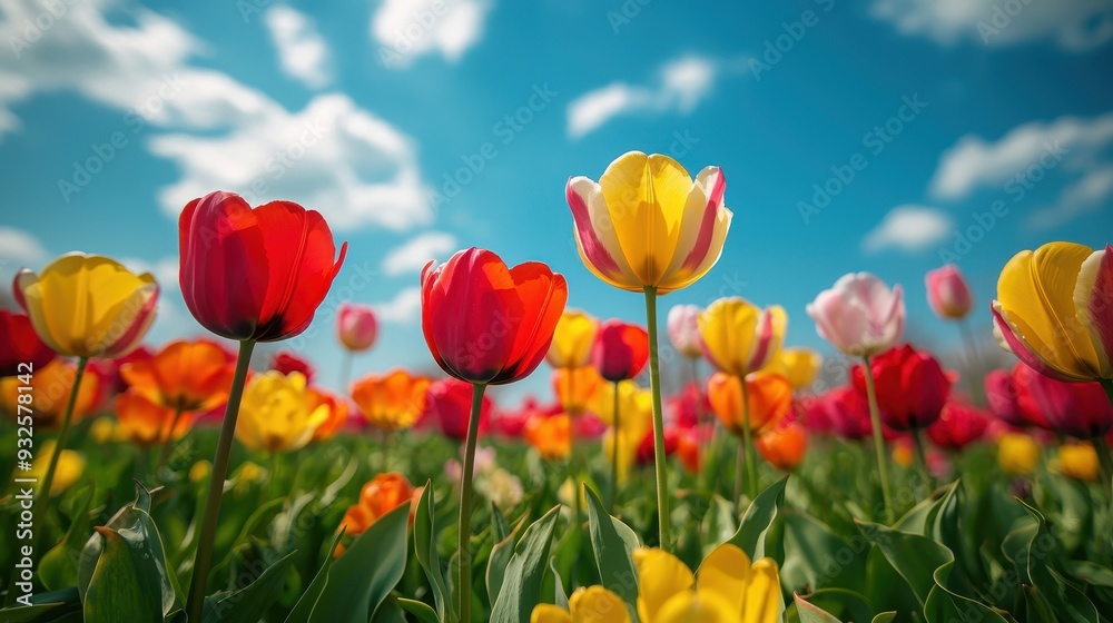 Colorful Tulips in a Field with Blue Sky and Clouds Colorful Tulips in a Field with Blue Sky and Clouds