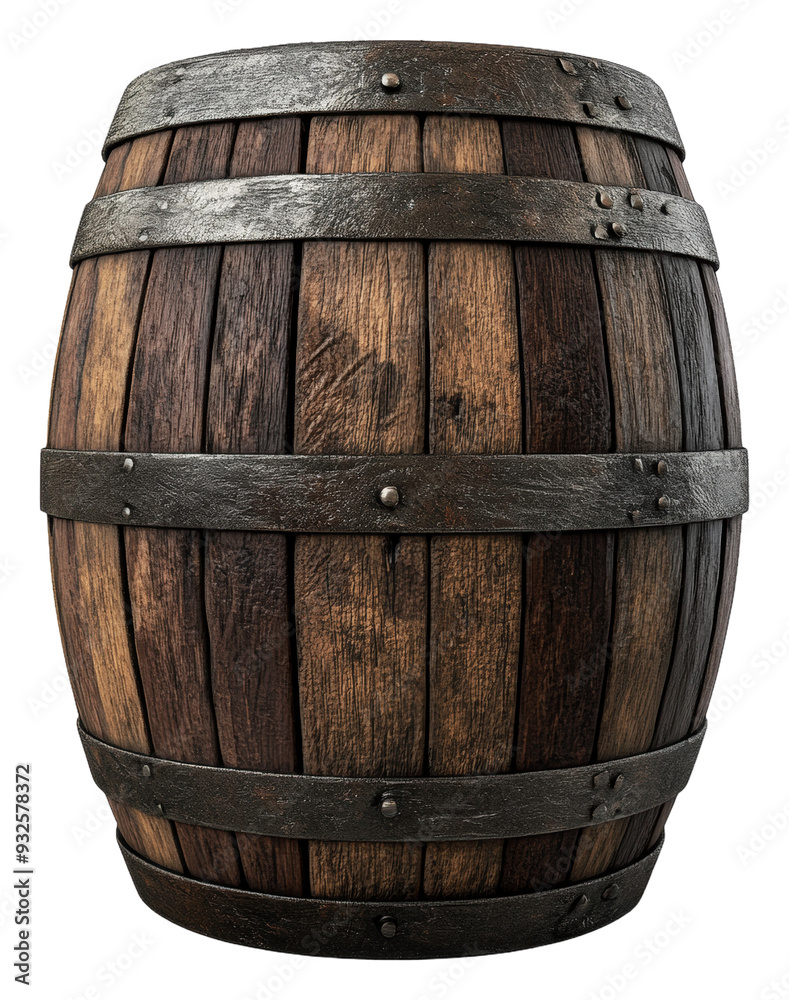Obraz premium PNG Wooden barrel with metal bands in a studio setting