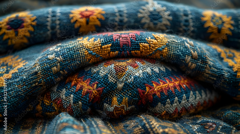 Closeup of Blue and Gold Patterned Fabric - Abstract Background Closeup of Blue and Gold Patterned Fabric - Abstract Background