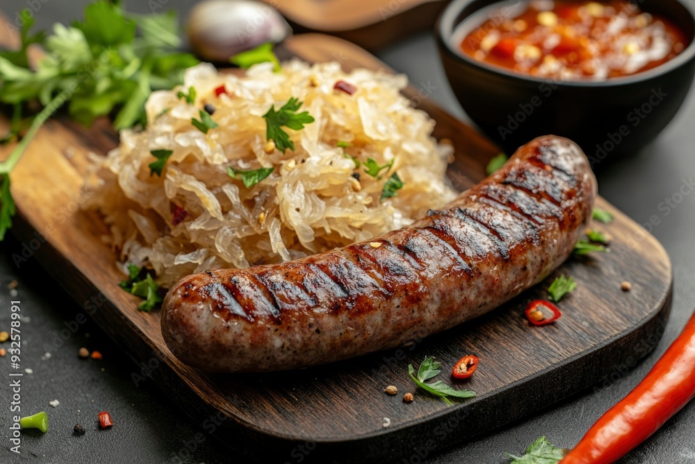 Grilled Sausage with Sauerkraut and Chili Peppers on Wooden Cutting Board Grilled Sausage with Sauerkraut and Chili Peppers on Wooden Cutting Board