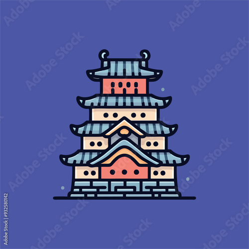vector Japanese house with colorful lines and colors, cute characters