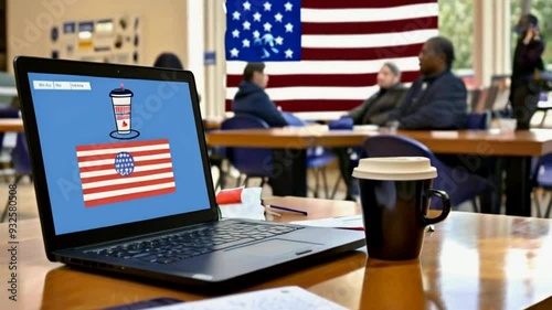 Coffee cup, Laptop, American voters in polling station office. photo