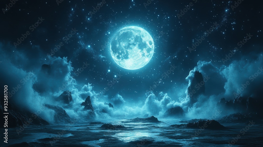 Mystical Moonlit Ocean Landscape with Rocky Cliffs and Starry Sky Mystical Moonlit Ocean Landscape with Rocky Cliffs and Starry Sky