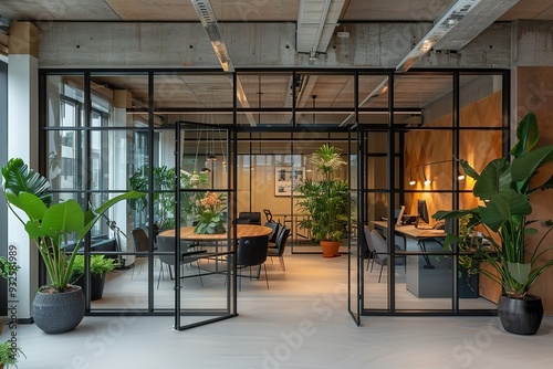 Fototapeta Naklejka Na Ścianę i Meble -  A large open office space with a lot of greenery and plants