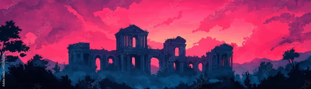 Naklejka premium A breathtaking silhouette of ancient ruins against a vibrant pink and purple sunset, evoking mystery and timeless beauty.