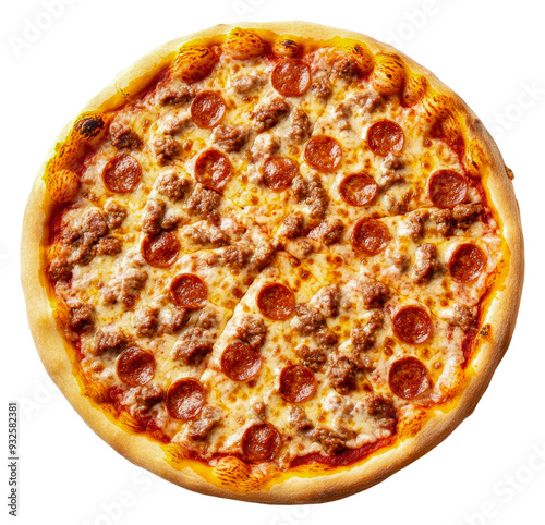 PNG Freshly baked pepperoni pizza with herbs