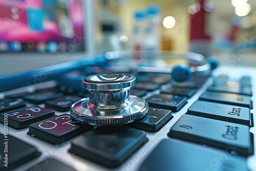 A silver stethoscope is placed on a laptop keyboard